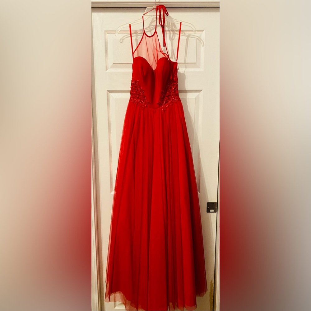 Elegant Red Gown with Embellished Bodice